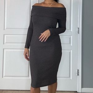 She + Sky Off The Shoulder 3/4 Length Sleeve Midi Dress